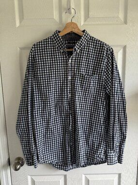 Lee Men's Stretch Regular Fit Navy Blue Gingham Plaid Long Sleeve Button Down L